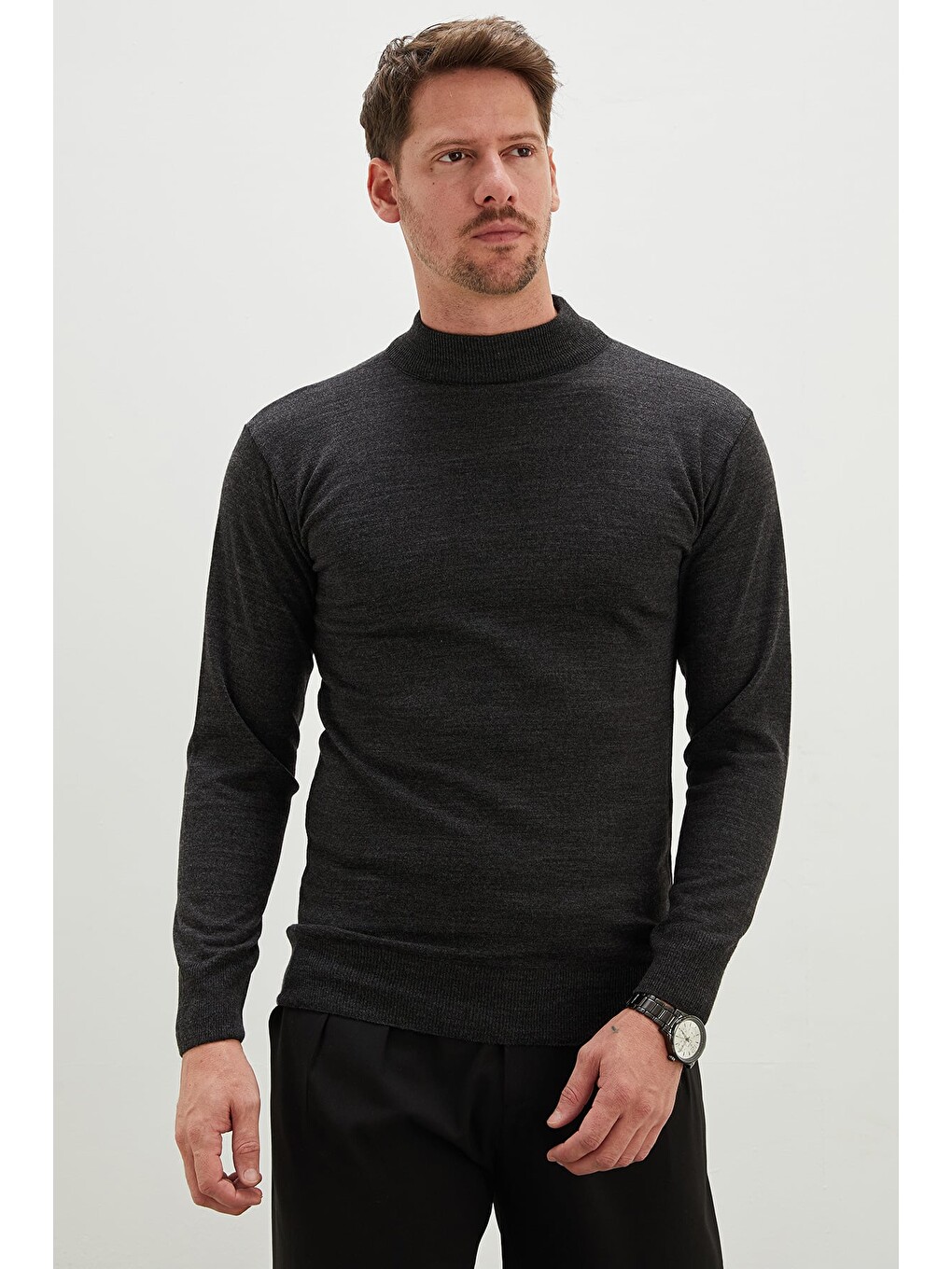 Antrasit Basic Dik Yaka Regular Fit Triko Kazak-1