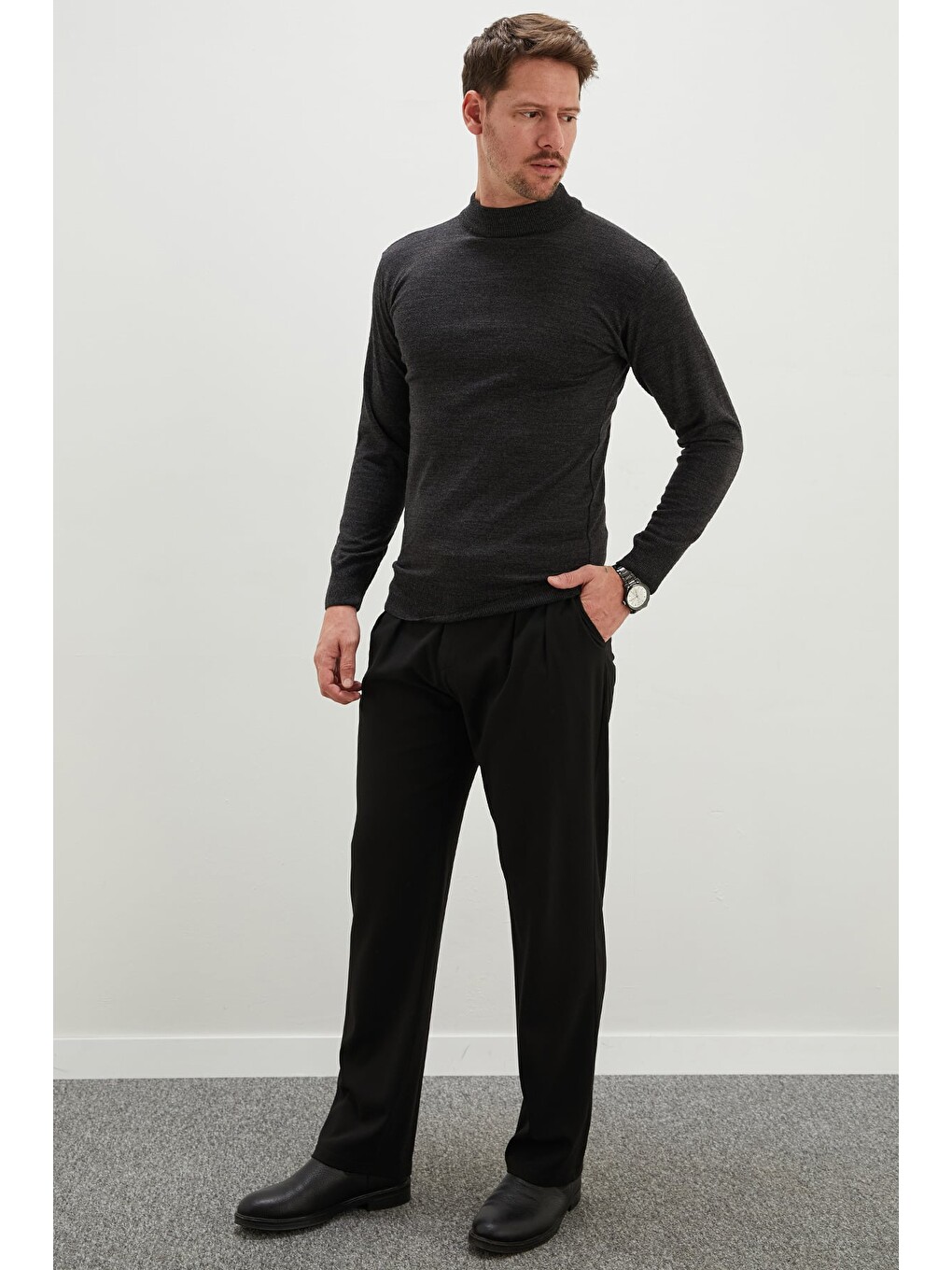 Antrasit Basic Dik Yaka Regular Fit Triko Kazak-2