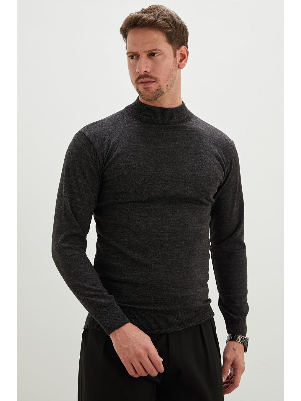 Antrasit Basic Dik Yaka Regular Fit Triko Kazak-3