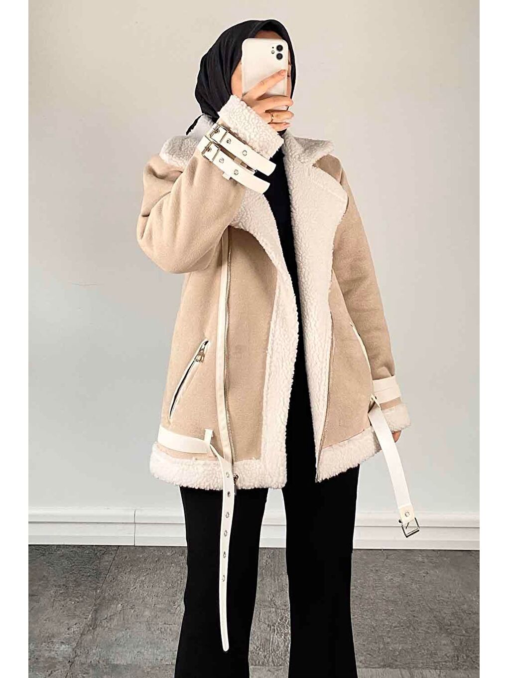 Bej İçi Kürklü Biker Süet Mont Taş-1