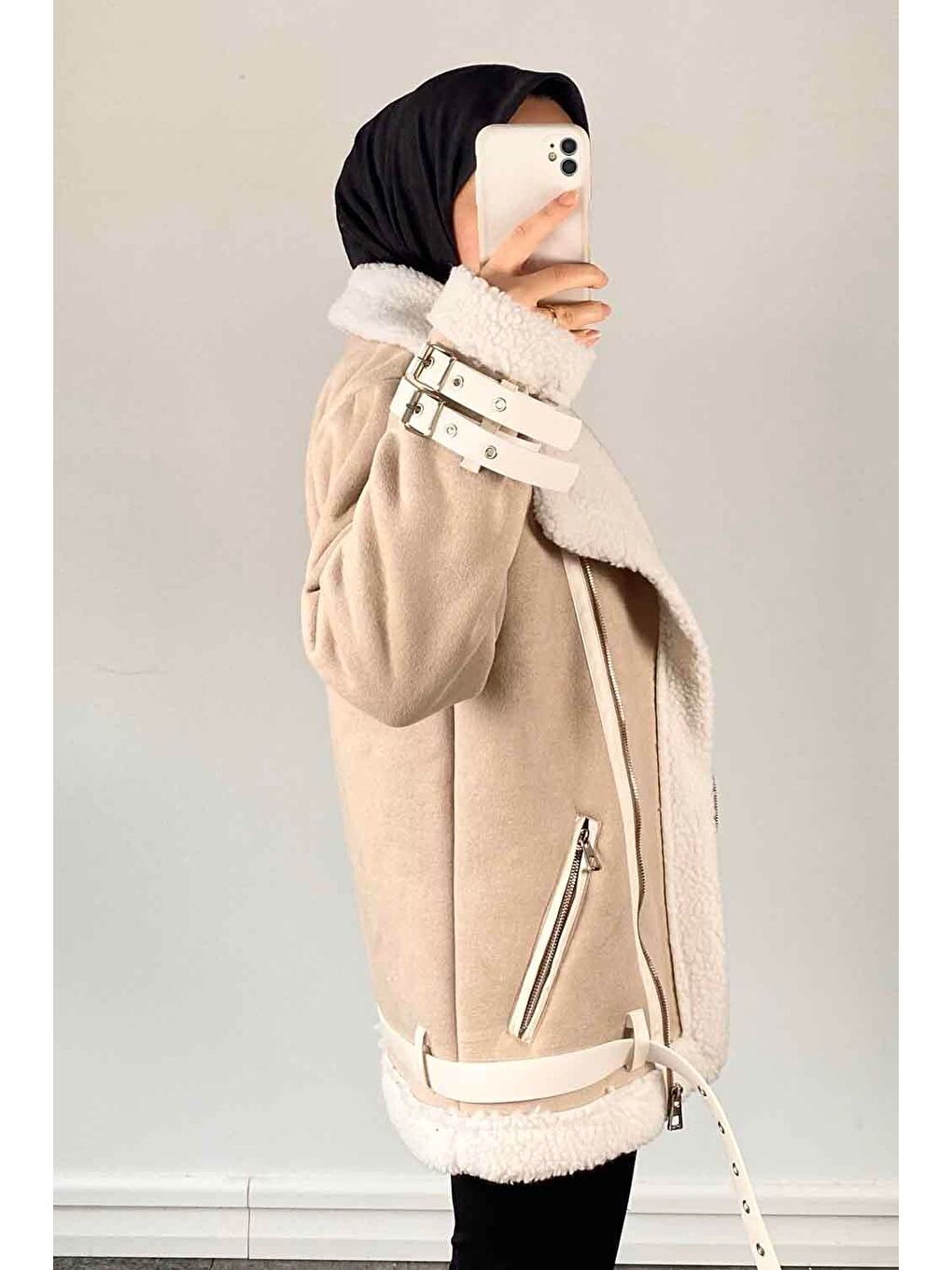 Bej İçi Kürklü Biker Süet Mont Taş-2