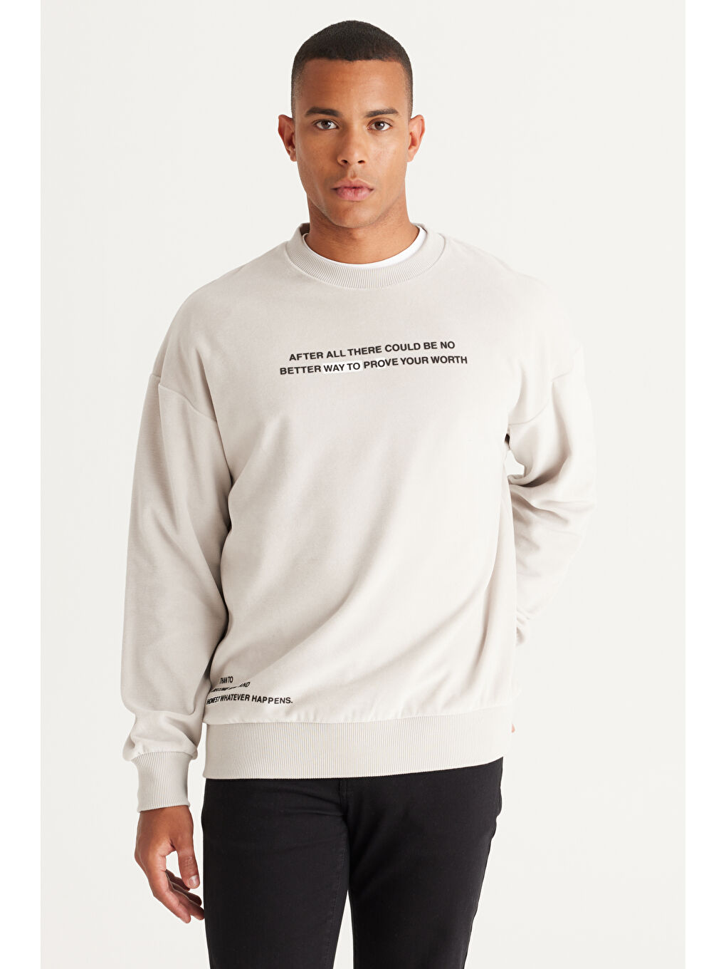 Erkek Açık Gri Loose Fit Bisiklet Yaka Pamuklu Sweatshirt-1
