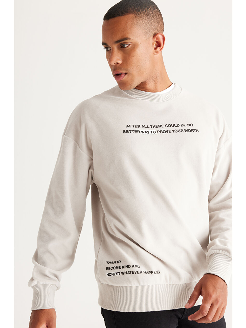 Erkek Açık Gri Loose Fit Bisiklet Yaka Pamuklu Sweatshirt-2