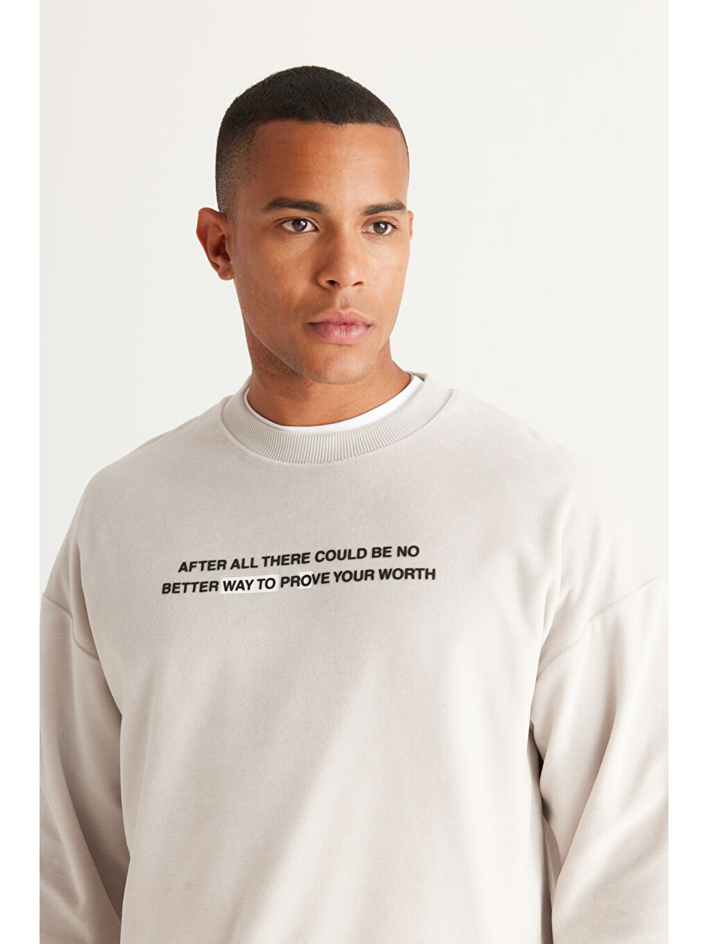 Erkek Açık Gri Loose Fit Bisiklet Yaka Pamuklu Sweatshirt-3