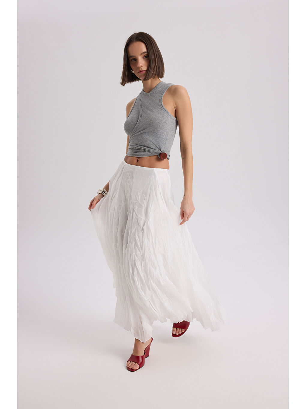 Freesia Kırışık Ekru Uzun Etek