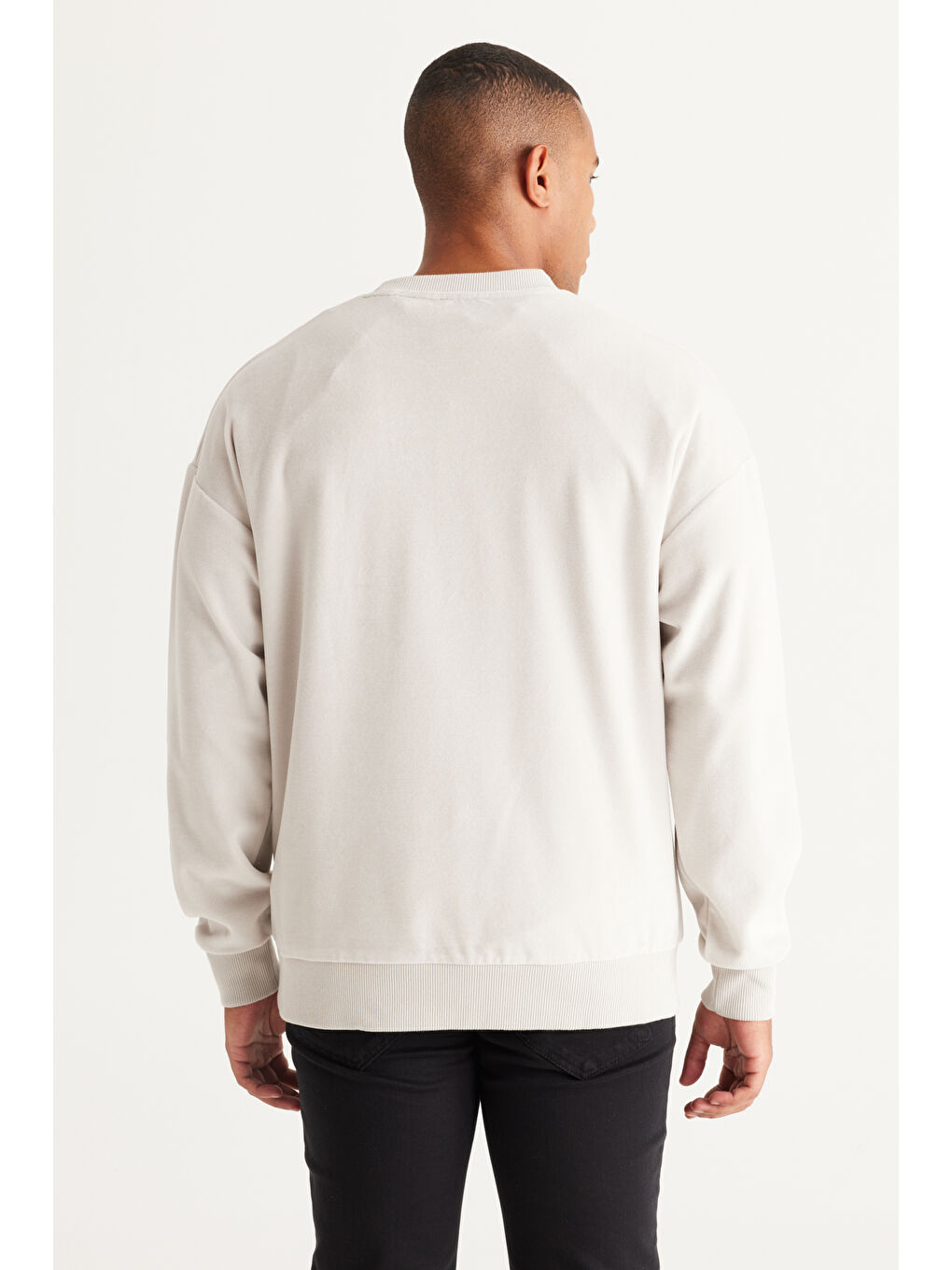 Erkek Açık Gri Loose Fit Bisiklet Yaka Pamuklu Sweatshirt-5