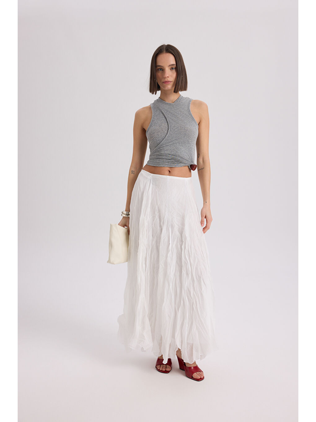 Freesia Kırışık Ekru Uzun Etek-1