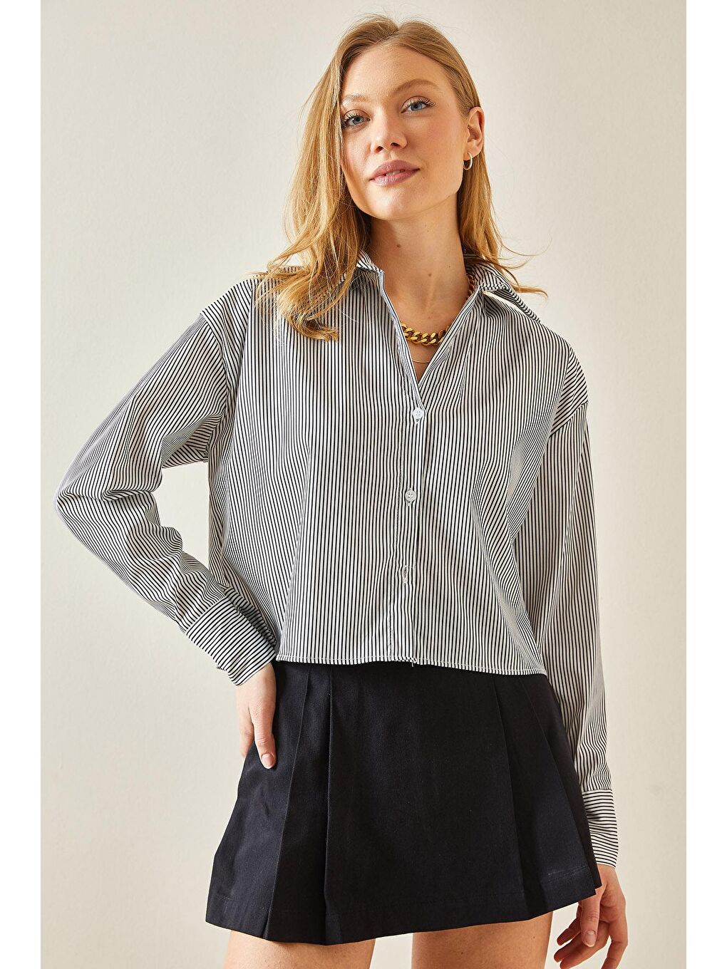 Siyah Çizgili Basic Crop Gömlek 5YXK2-48237-02-1