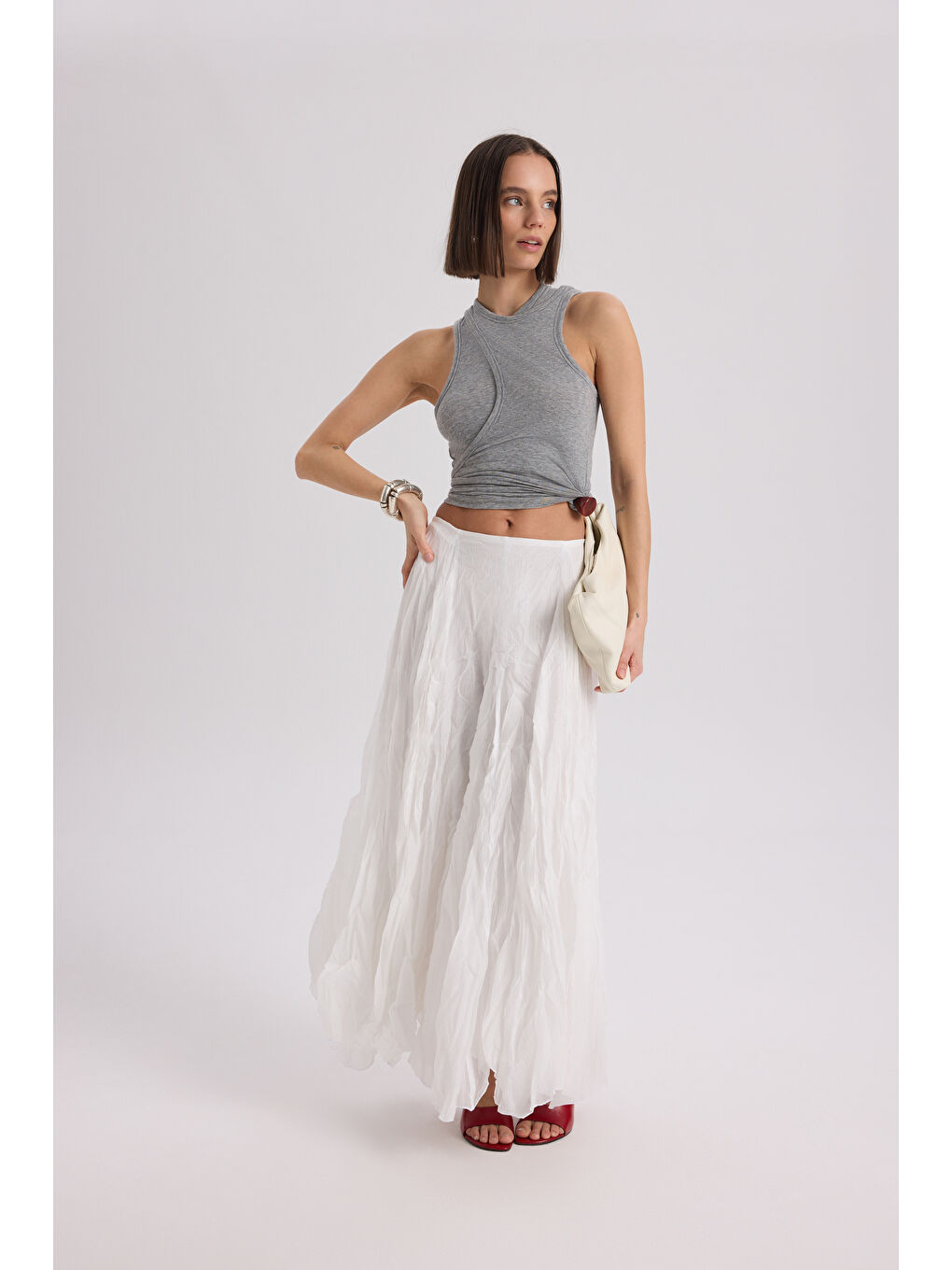 Freesia Kırışık Ekru Uzun Etek-5