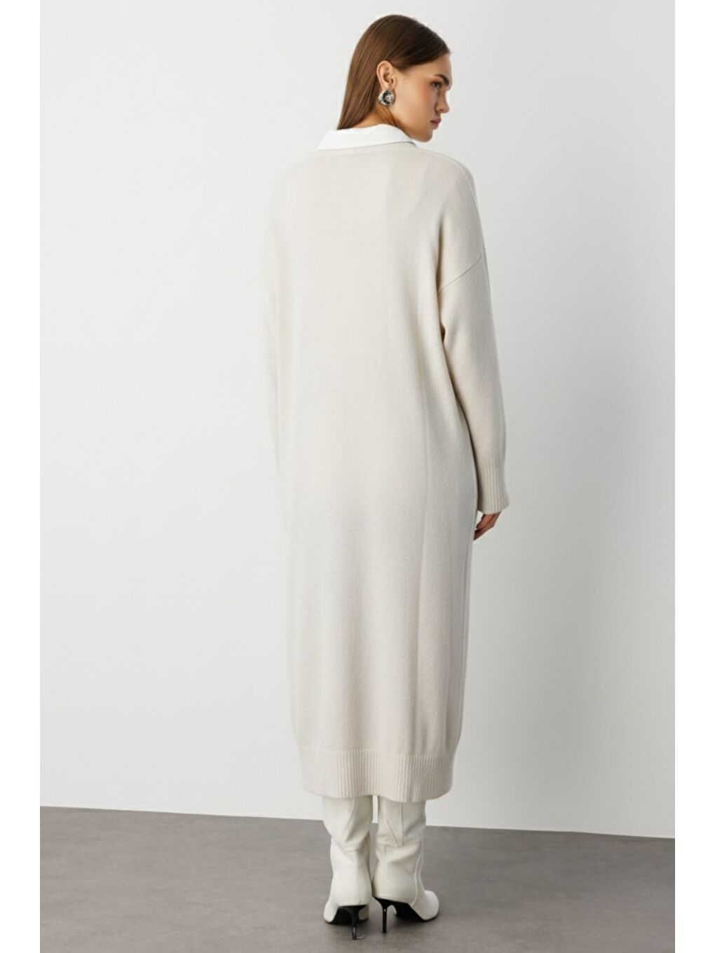 Oversize V Yaka Uzun Ekru Triko Hırka-2