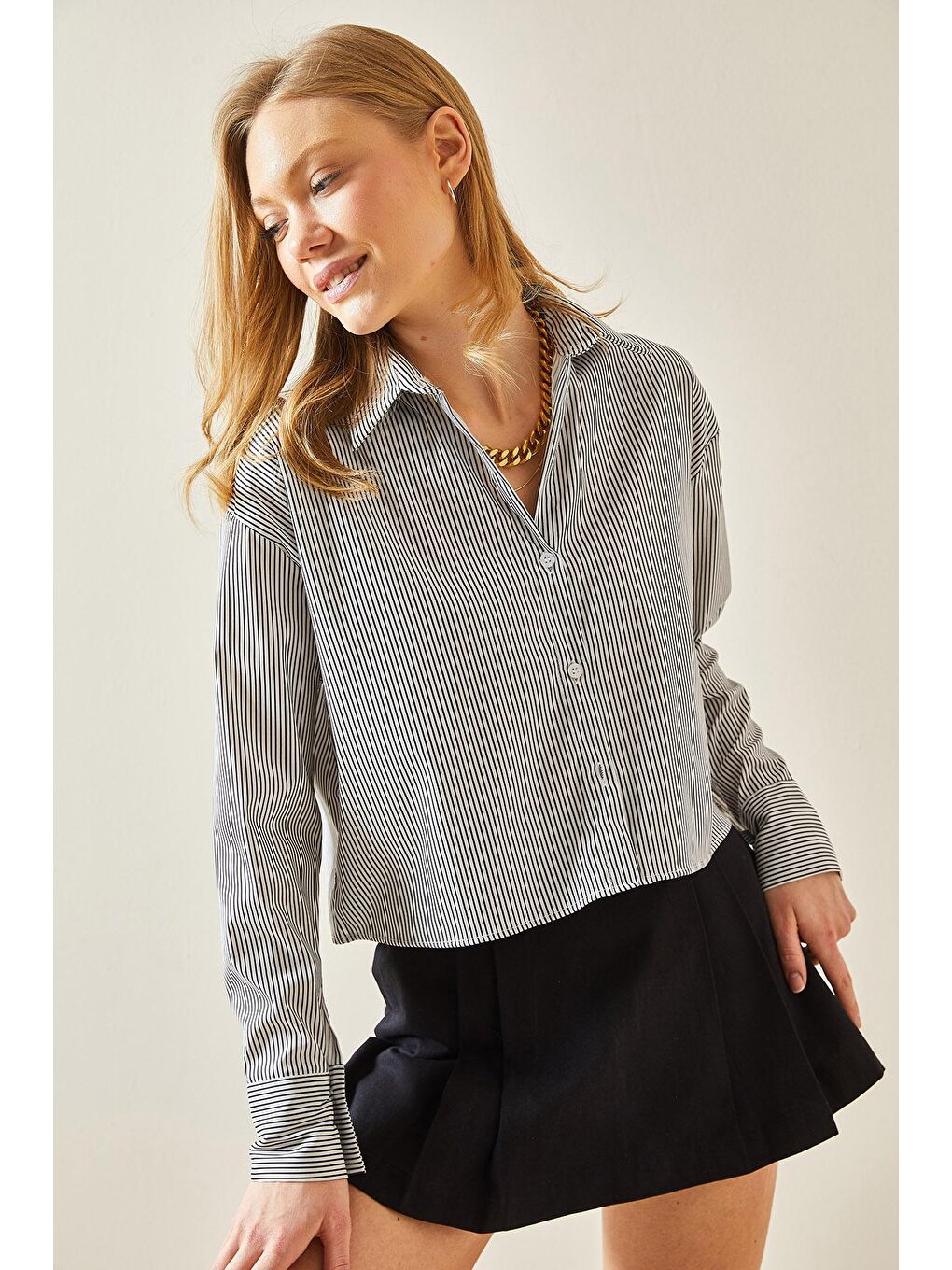 Siyah Çizgili Basic Crop Gömlek 5YXK2-48237-02-4