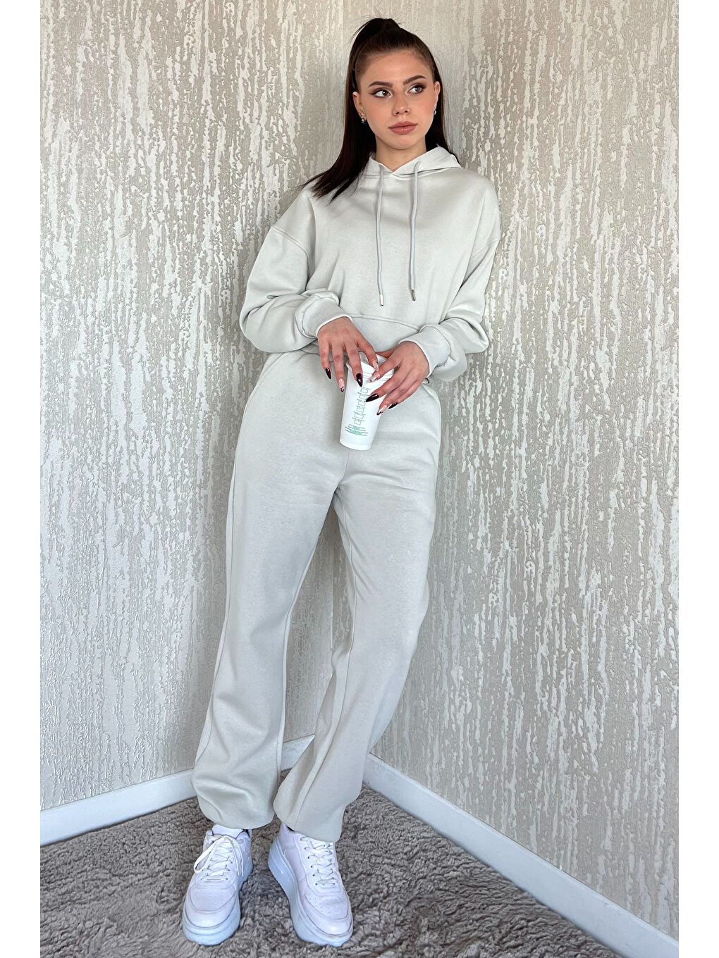 Gri Kadın Kapüşonlu Üç İplik Şardonlu Eşofman Takımı