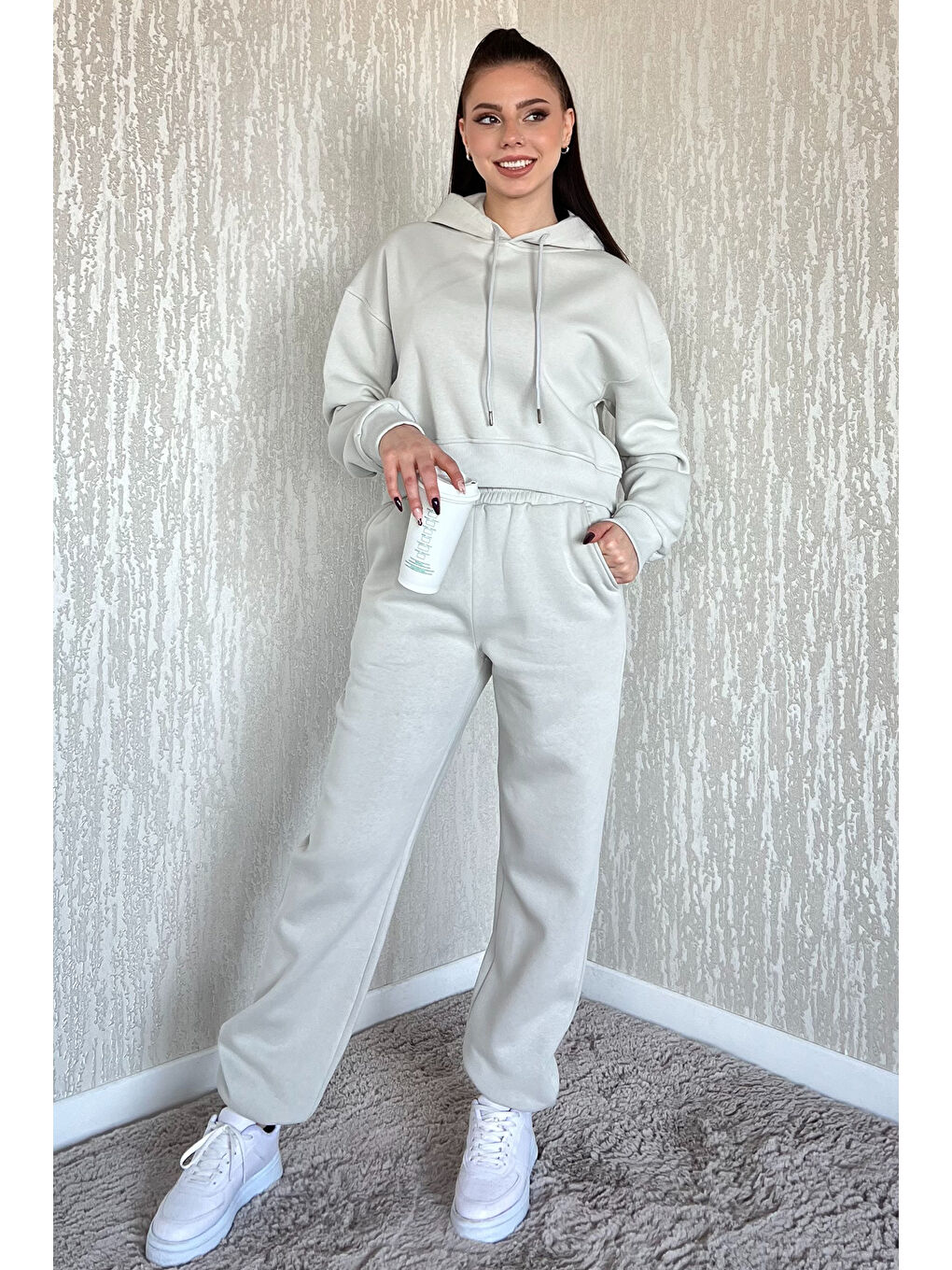 Gri Kadın Kapüşonlu Üç İplik Şardonlu Eşofman Takımı-1