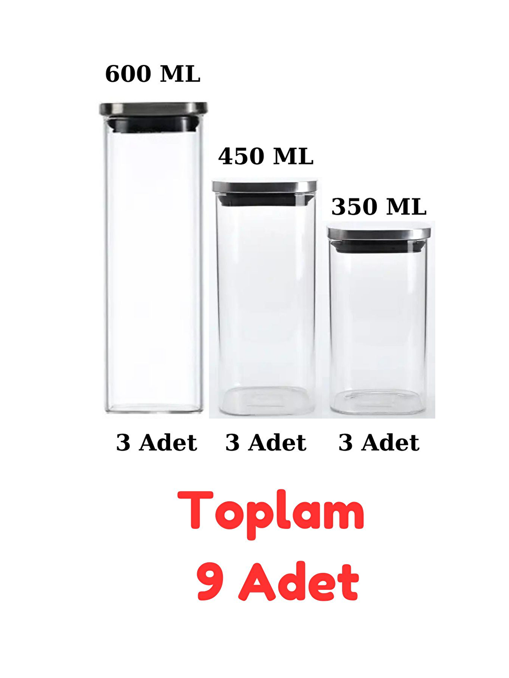 Renksiz Vakum Krom Kapaklı Kare Cam Kavanoz 9 Adet-3