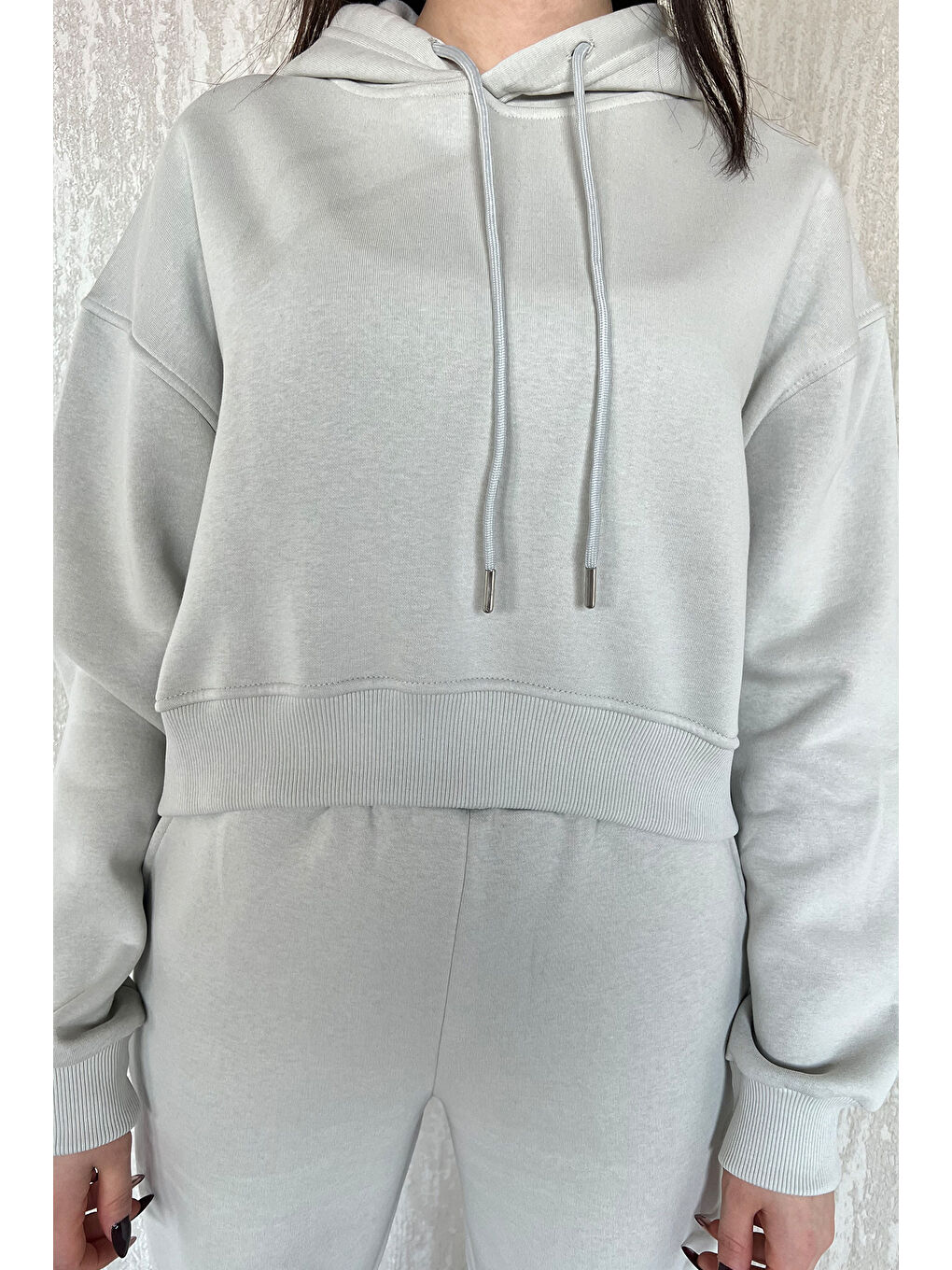 Gri Kadın Kapüşonlu Üç İplik Şardonlu Eşofman Takımı-2