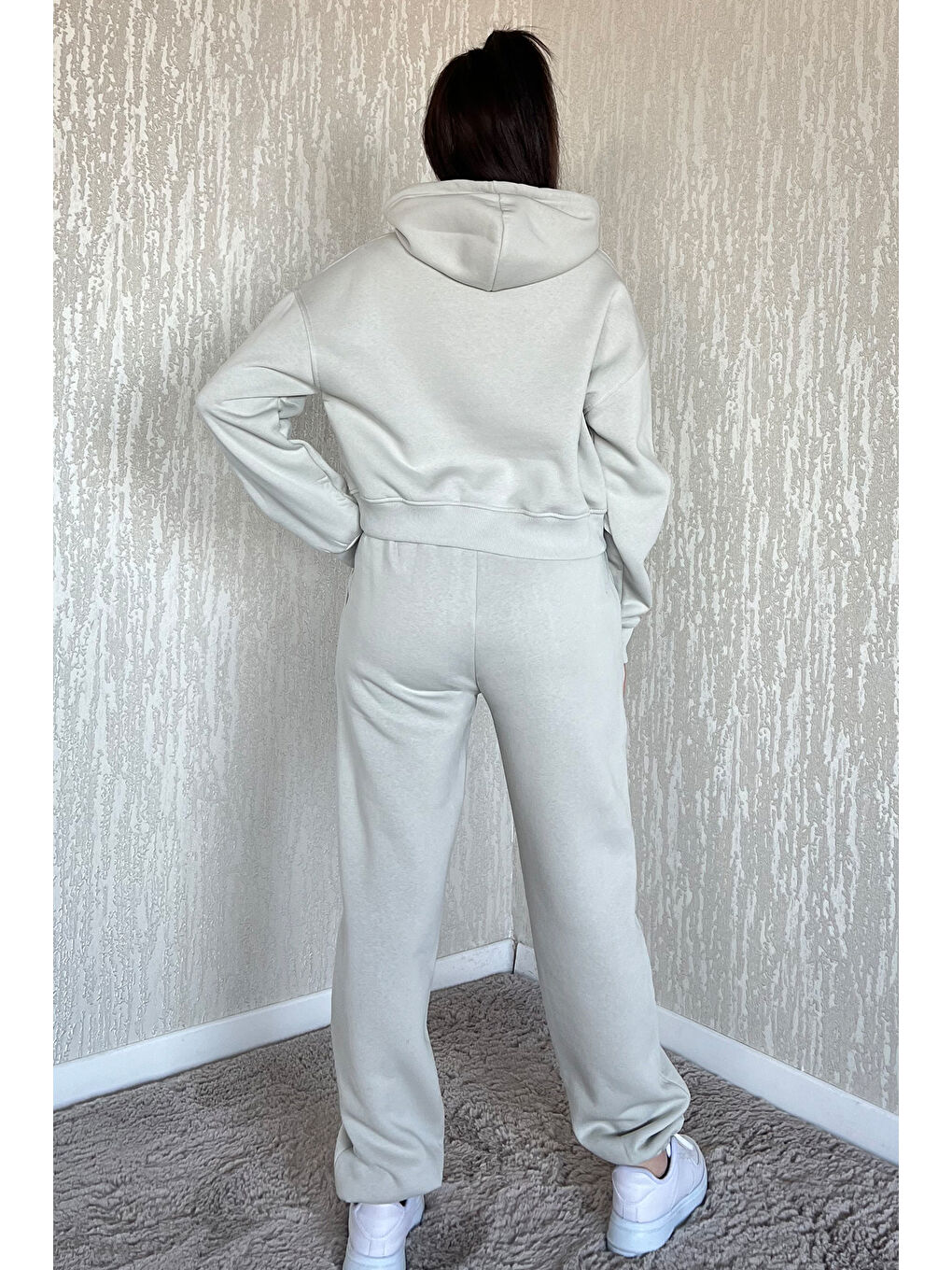 Gri Kadın Kapüşonlu Üç İplik Şardonlu Eşofman Takımı-3