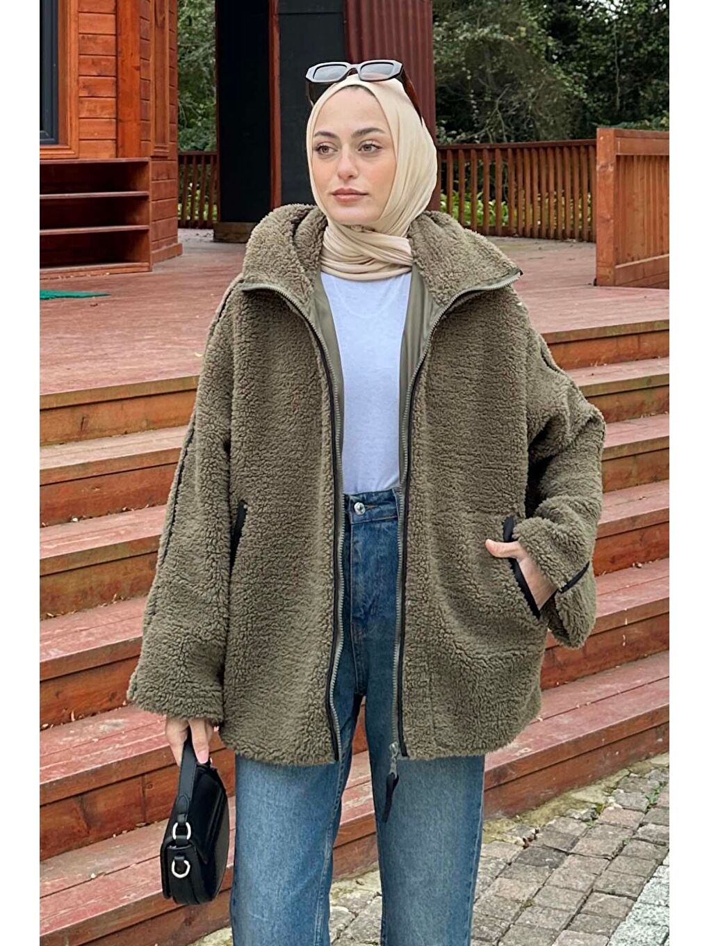 Biye Detaylı Tedy Pelüş Mont Haki-1