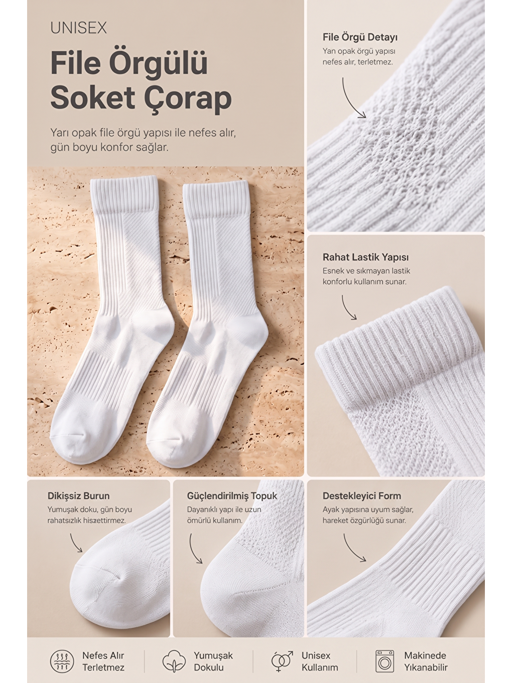 Unisex Soket Spor Çorabı Beyaz-3