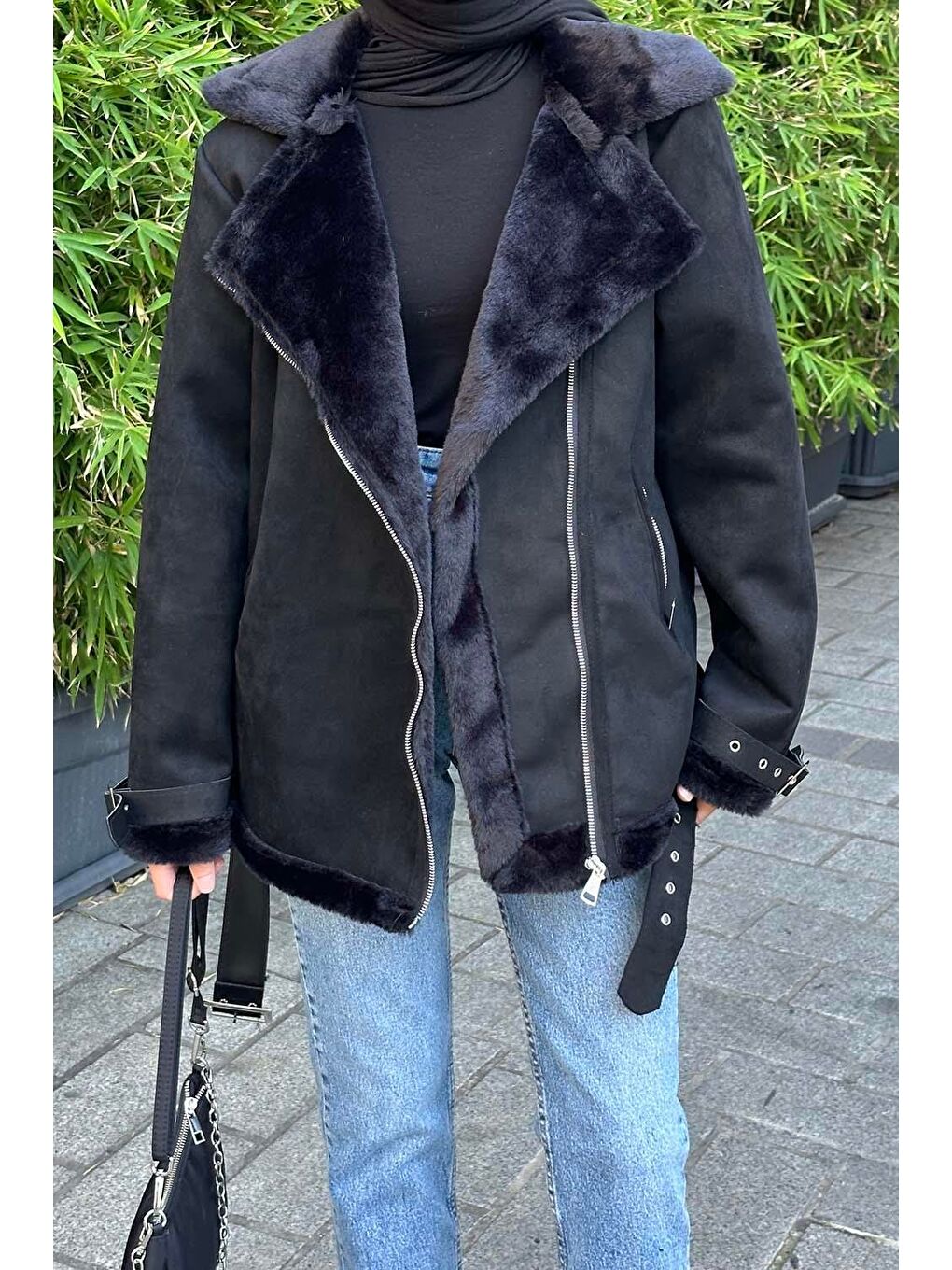 Kürk Detaylı Süet Mont Siyah-2