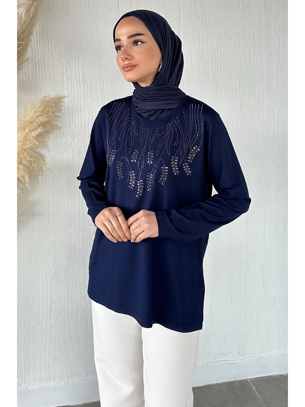 Lacivert Taşlı Tesettür Anne Penye Bluz-1