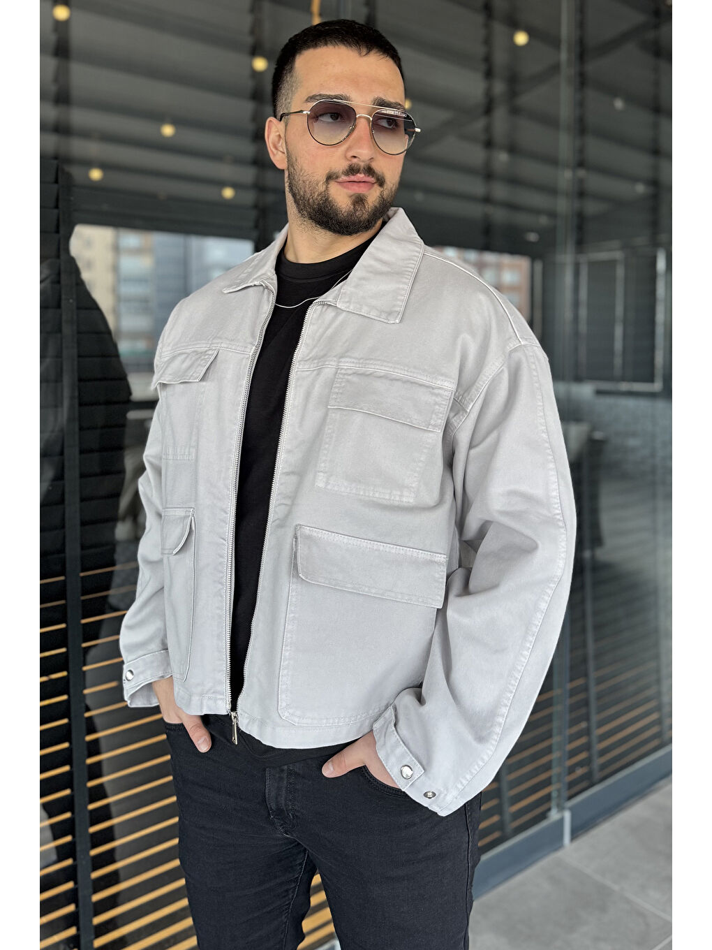 Gri Erkek Ön Fermuarlı Oversize Ceket