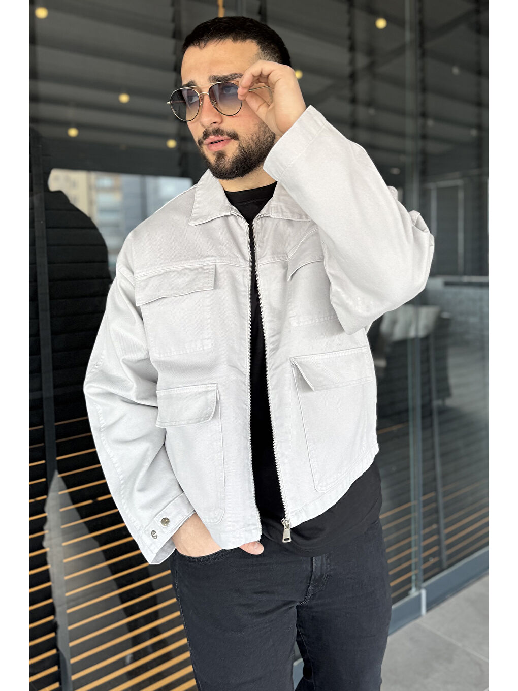 Gri Erkek Ön Fermuarlı Oversize Ceket-1