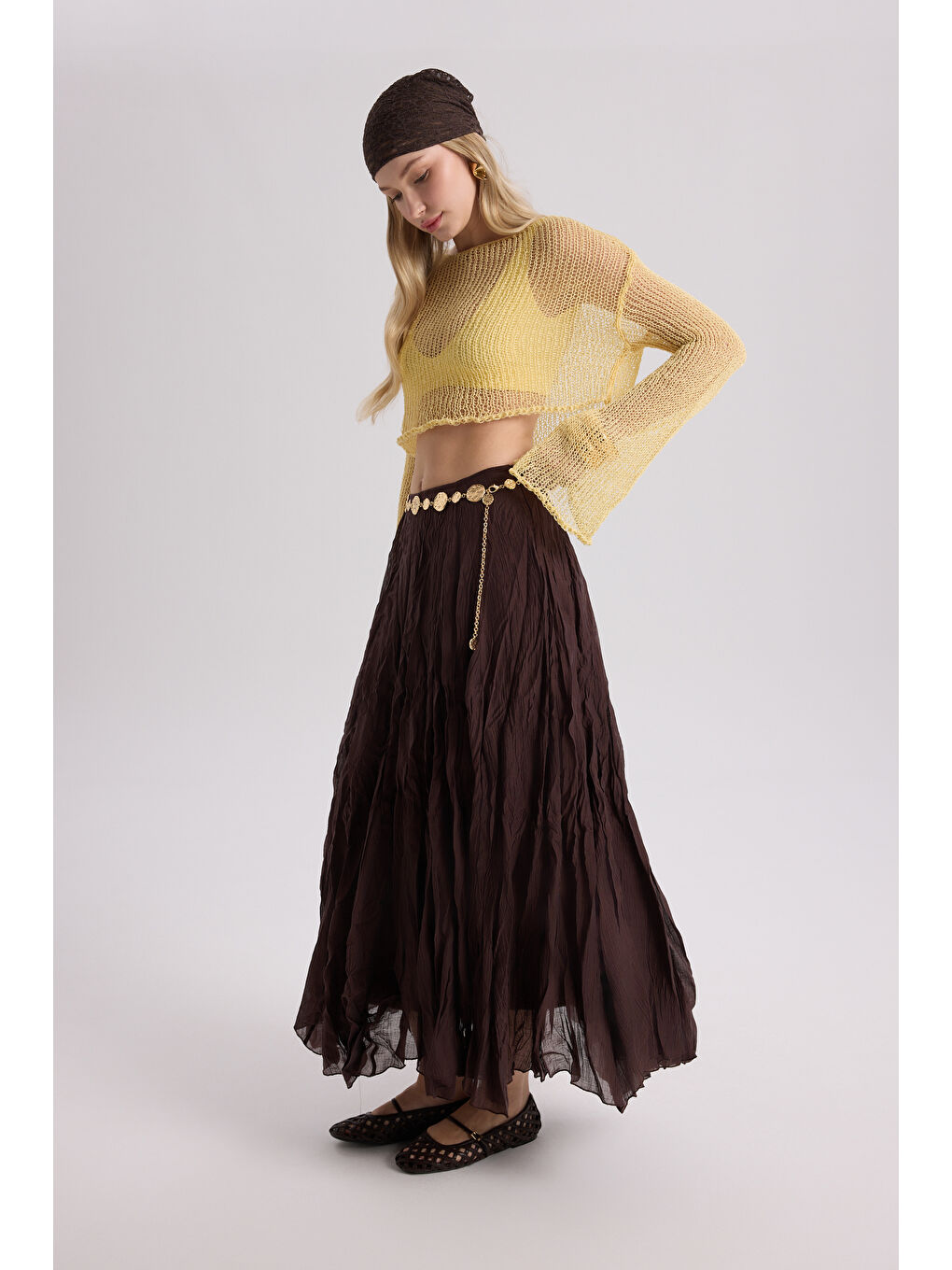 Kahverengi Freesia Kırışık Kahve Uzun Etek