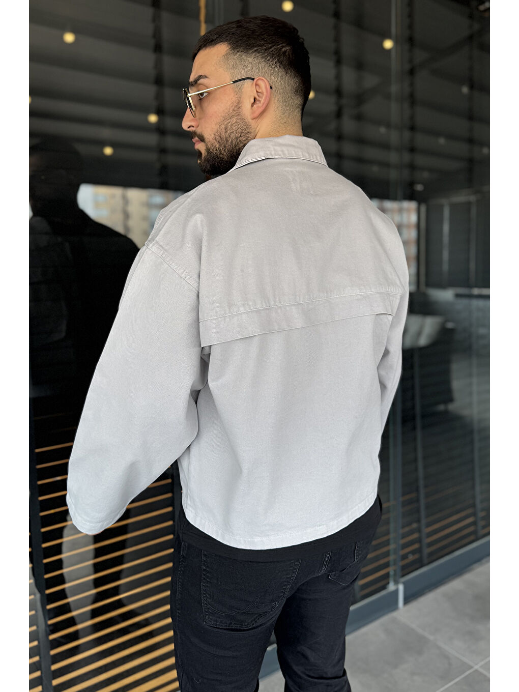 Gri Erkek Ön Fermuarlı Oversize Ceket-2