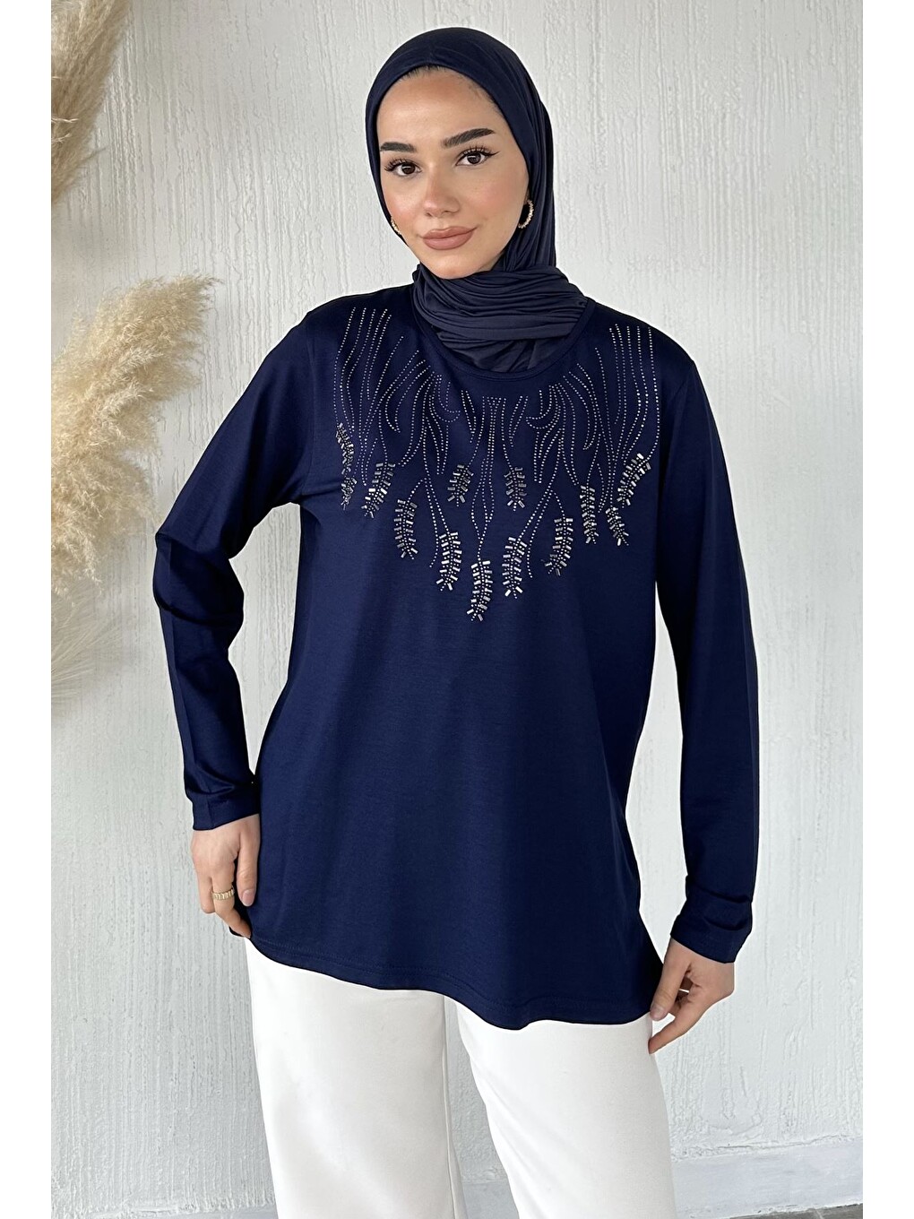 Lacivert Taşlı Tesettür Anne Penye Bluz-3