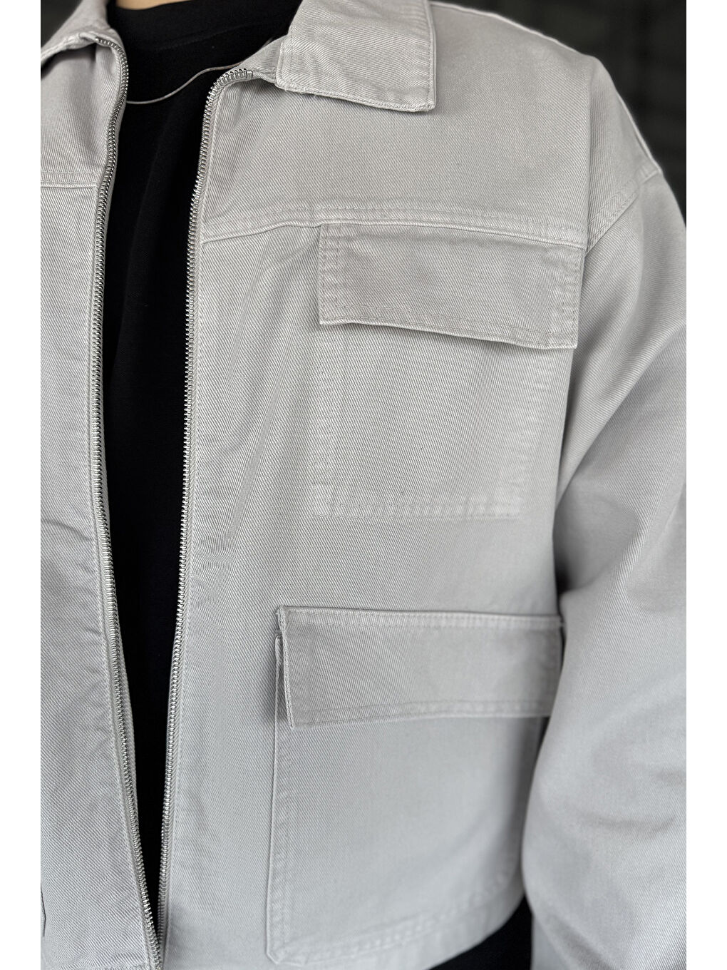 Gri Erkek Ön Fermuarlı Oversize Ceket-3