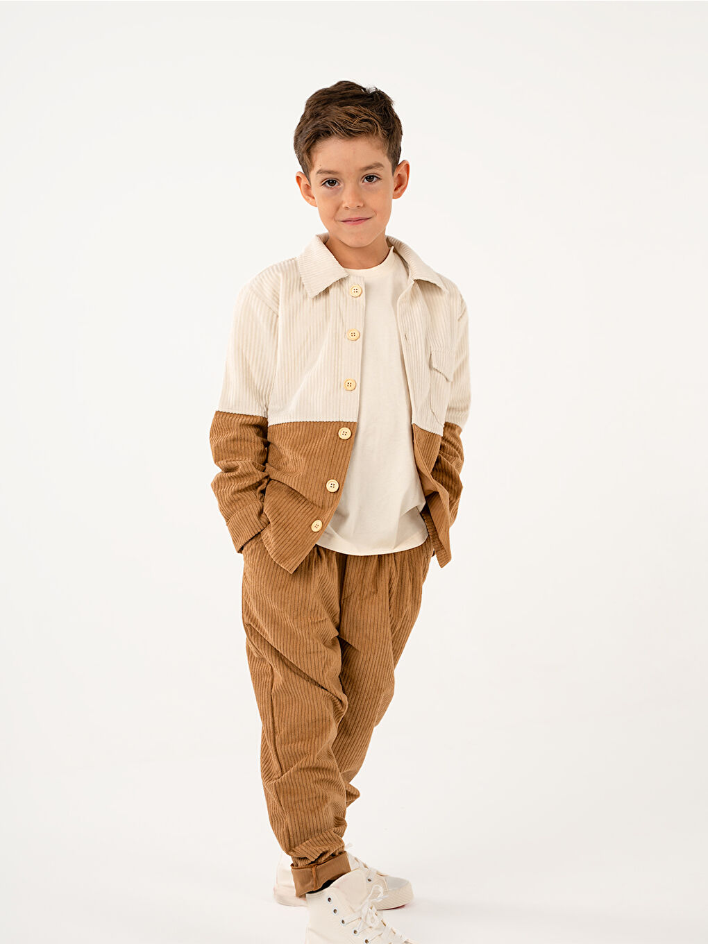 Sarı Erkek Çocuk Krem Camel Kadife Retro Pantolon Gömlek Takım