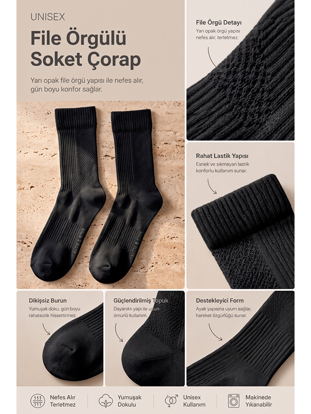 Unisex Soket Spor Çorabı Siyah-3