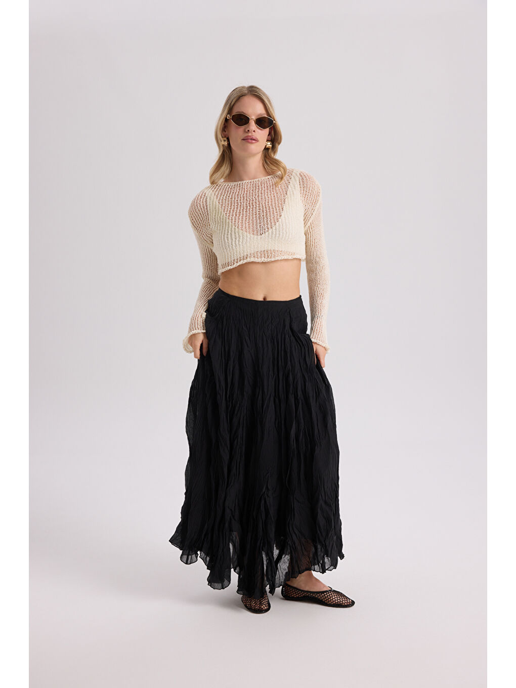 Freesia Kırışık Siyah Uzun Etek