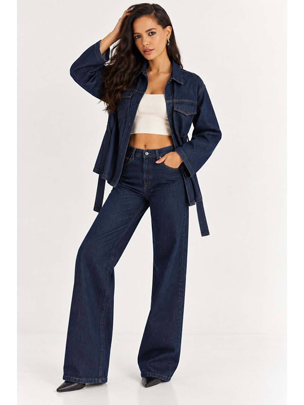 Kadın Koyu Lacivert Denim Kuşaklı Ceket & Bol Paça Jean İkili Takım-1