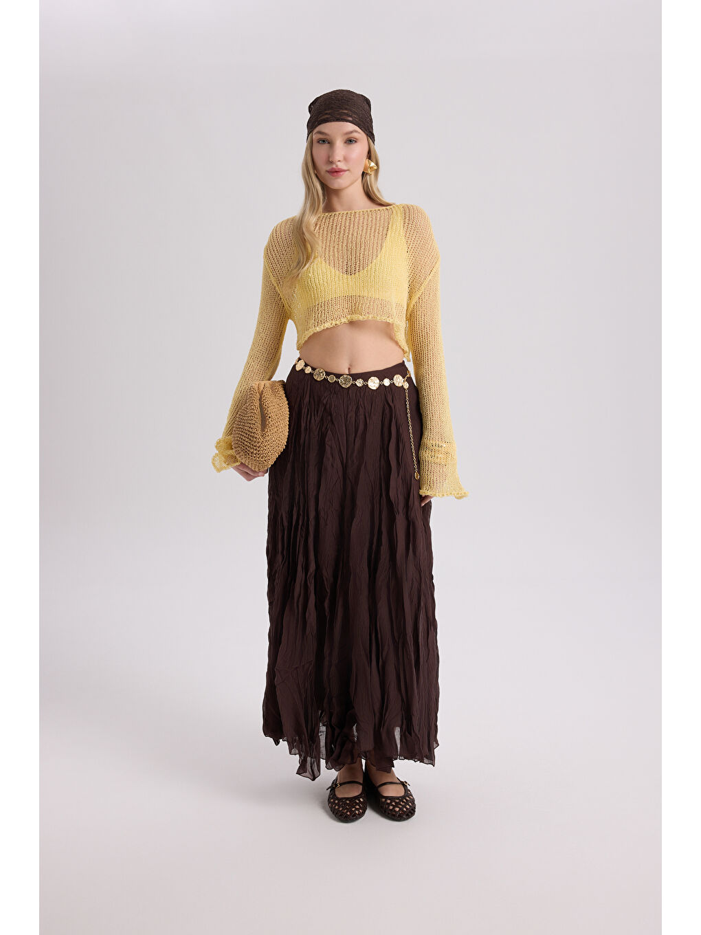 Kahverengi Freesia Kırışık Kahve Uzun Etek-1