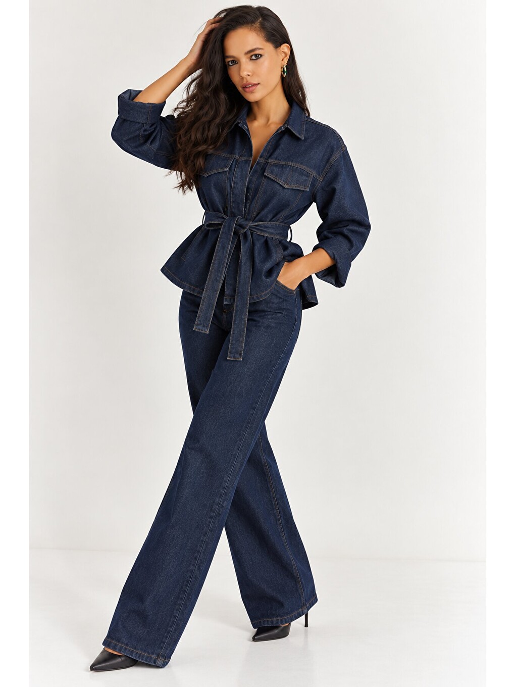 Kadın Koyu Lacivert Denim Kuşaklı Ceket & Bol Paça Jean İkili Takım-2