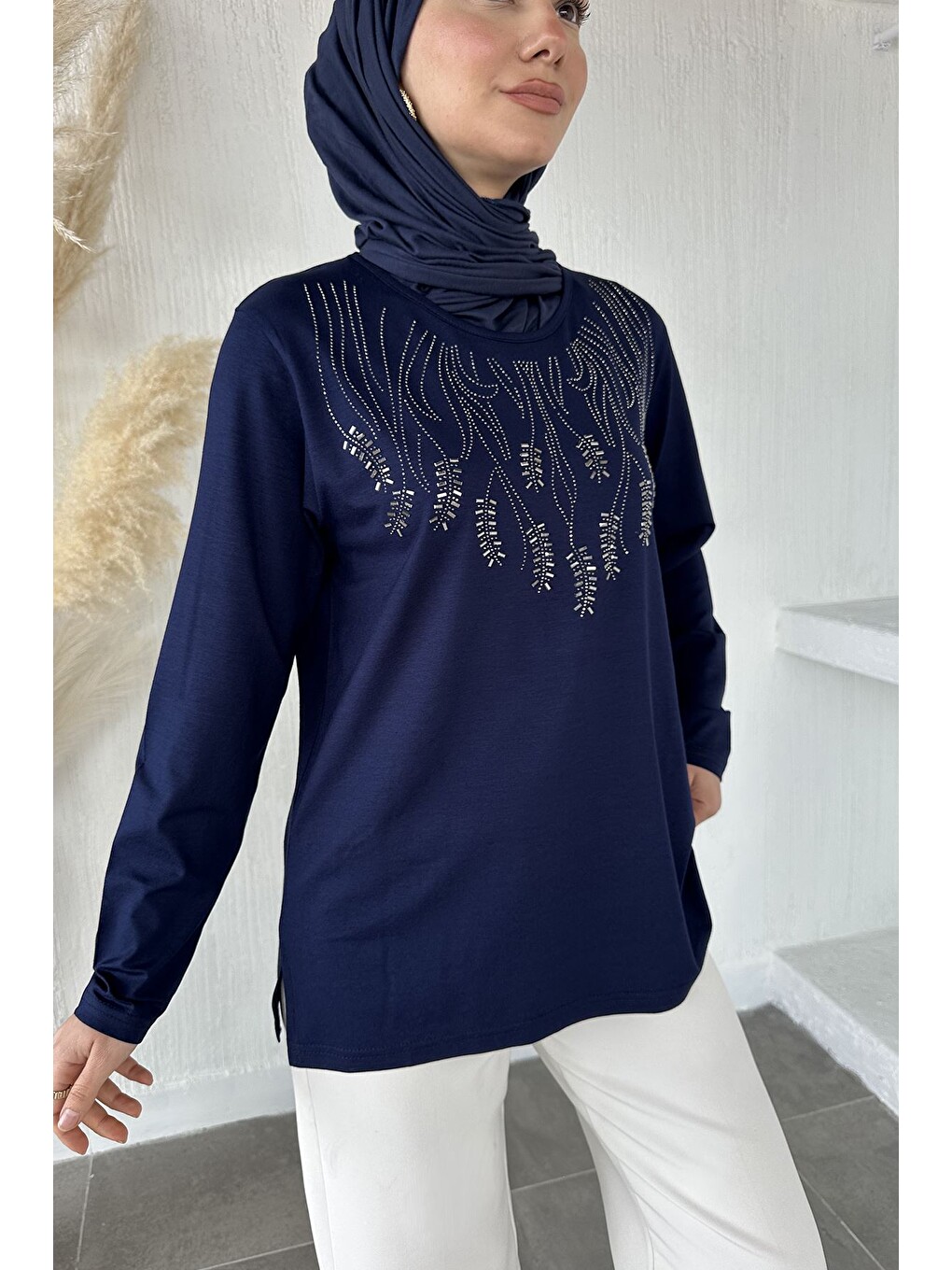 Lacivert Taşlı Tesettür Anne Penye Bluz-7