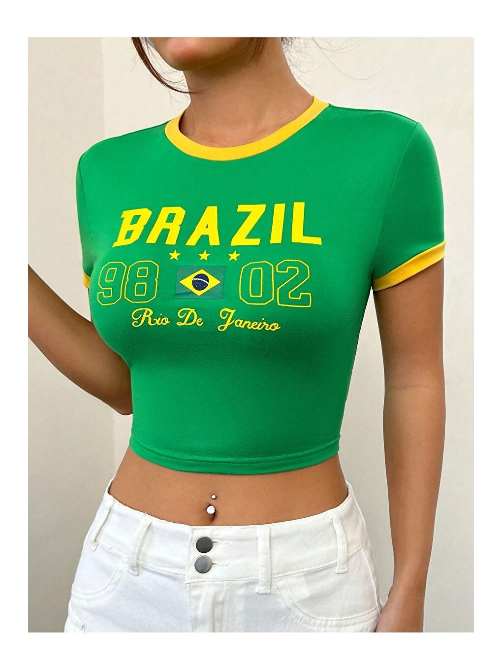 Kadın Yeşil Brazil Baskılı Penye Crop Tişört