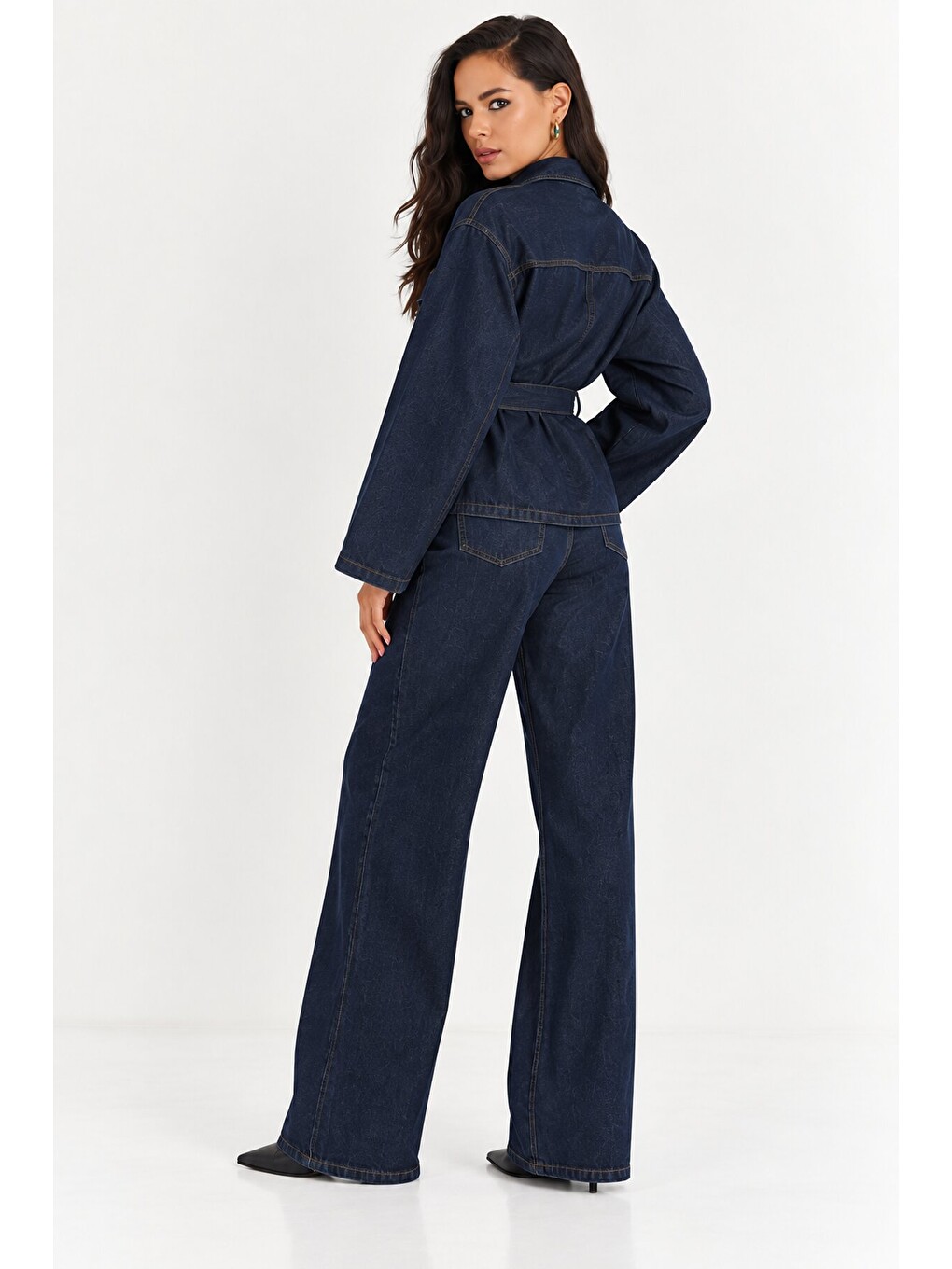 Kadın Koyu Lacivert Denim Kuşaklı Ceket & Bol Paça Jean İkili Takım-3