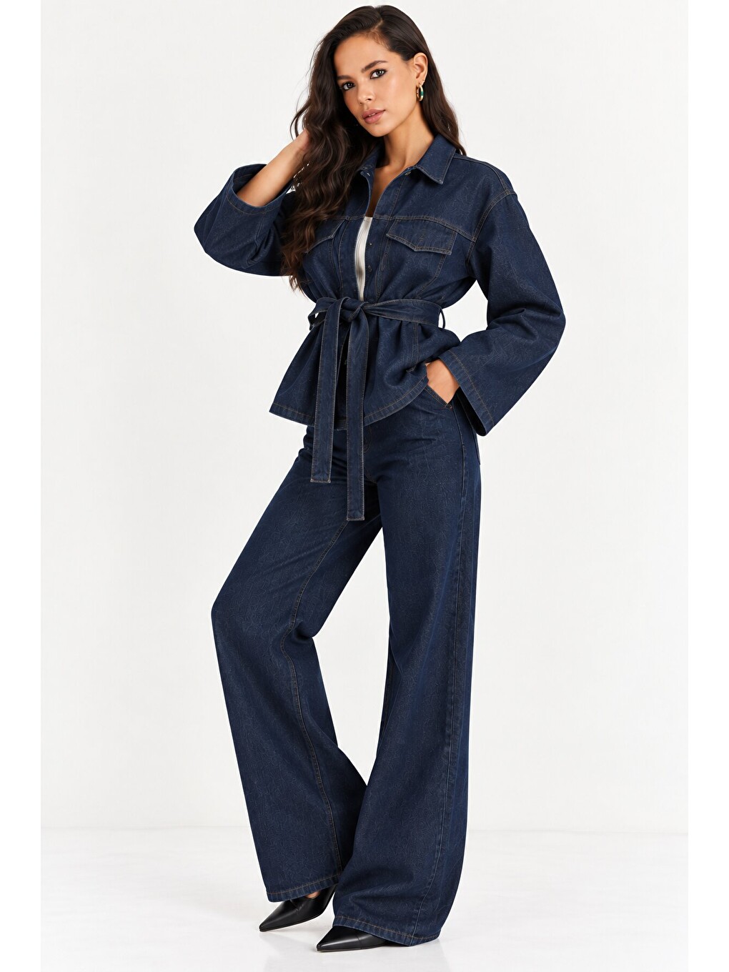 Kadın Koyu Lacivert Denim Kuşaklı Ceket & Bol Paça Jean İkili Takım-4