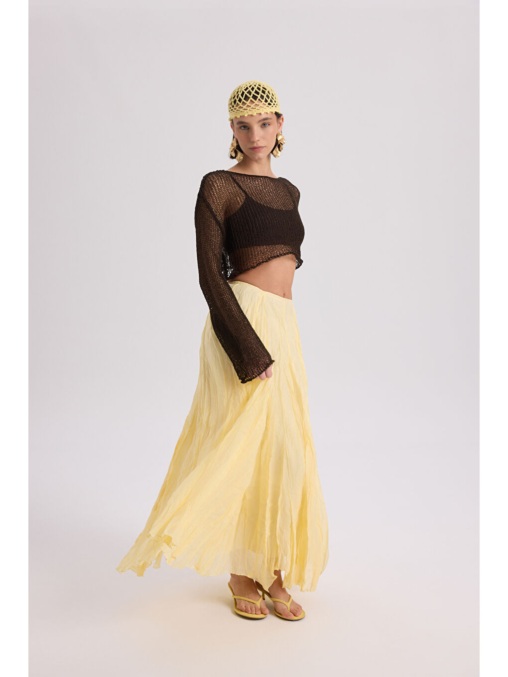 Freesia Kırışık Sarı Uzun Etek-2