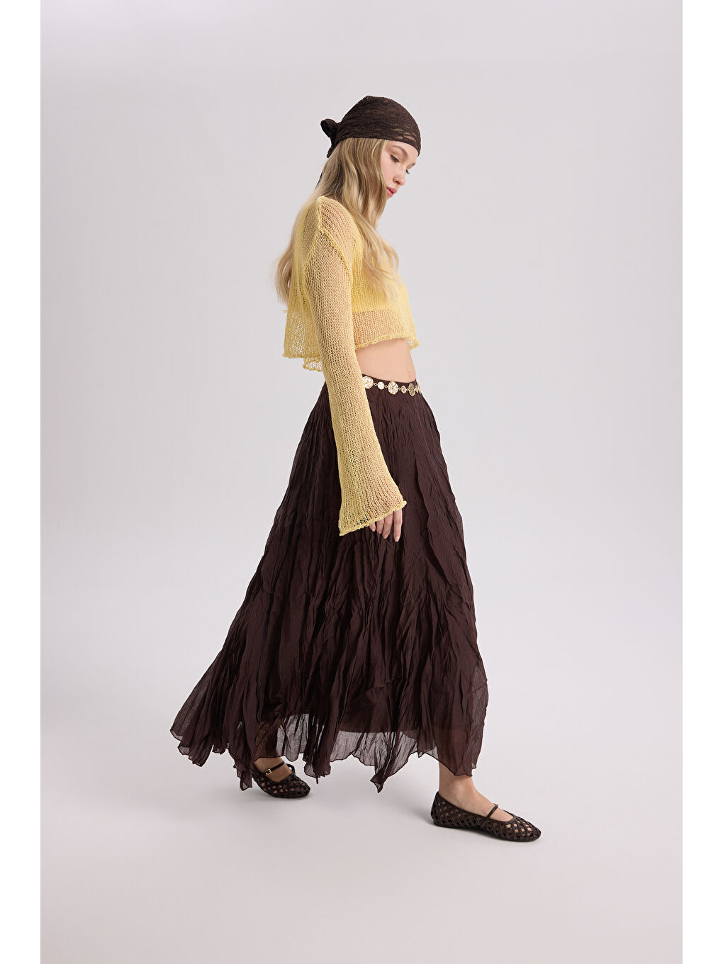 Kahverengi Freesia Kırışık Kahve Uzun Etek-2