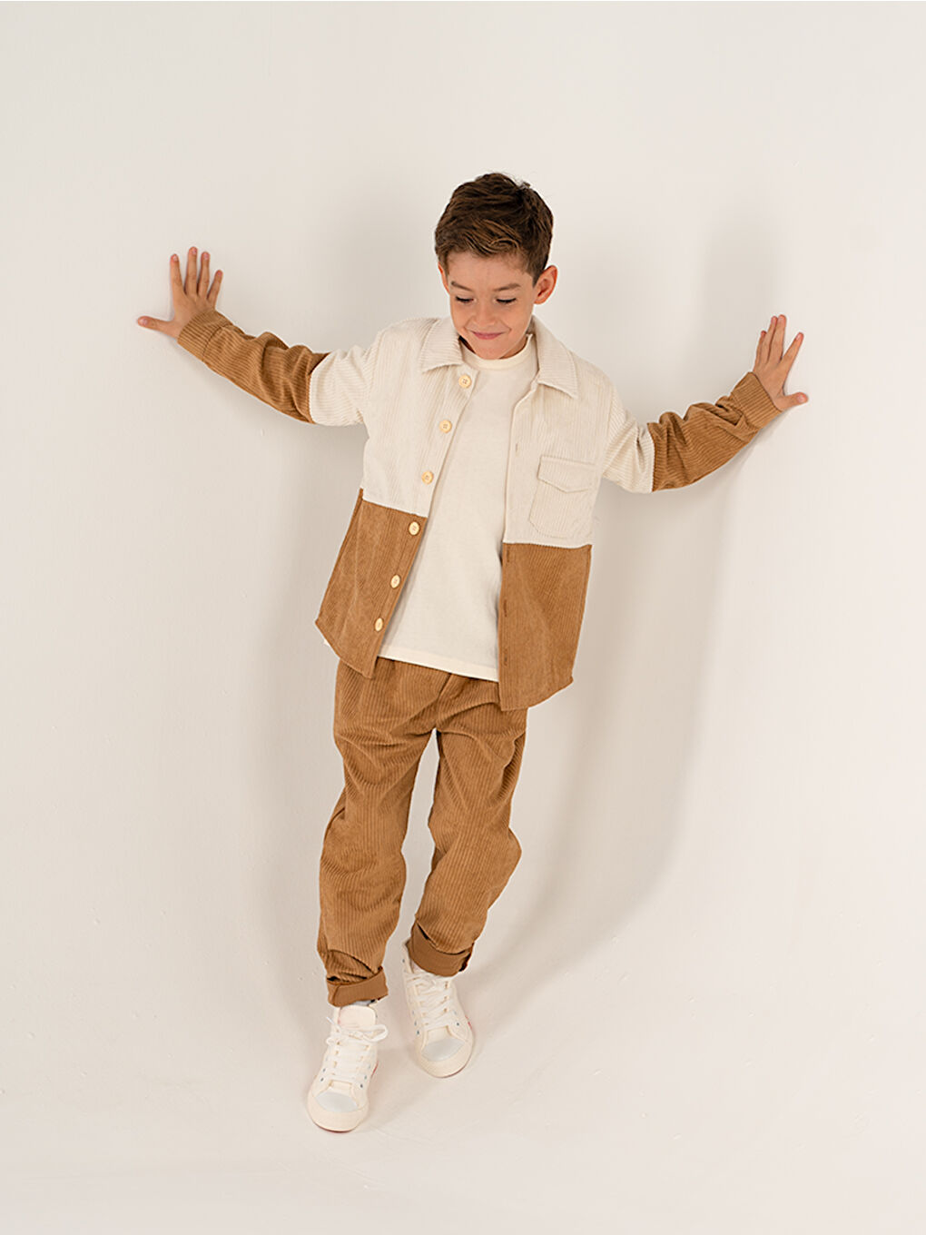 Sarı Erkek Çocuk Krem Camel Kadife Retro Pantolon Gömlek Takım-2