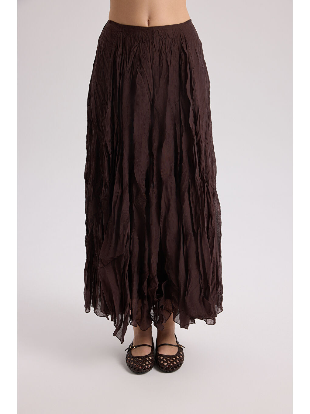 Kahverengi Freesia Kırışık Kahve Uzun Etek-3