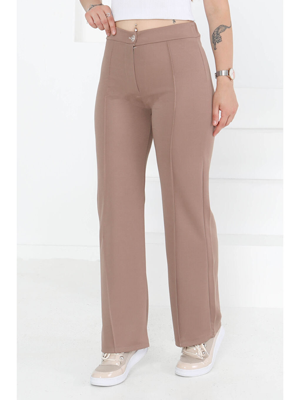 Bej Şerit Detaylı Spor Pantolon Vizon - 27084-1