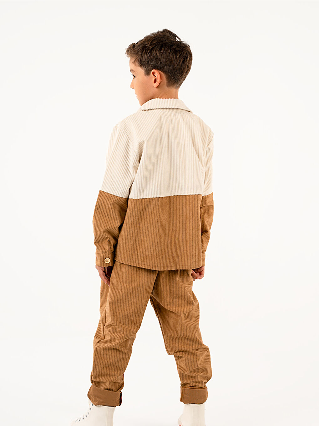 Sarı Erkek Çocuk Krem Camel Kadife Retro Pantolon Gömlek Takım-3