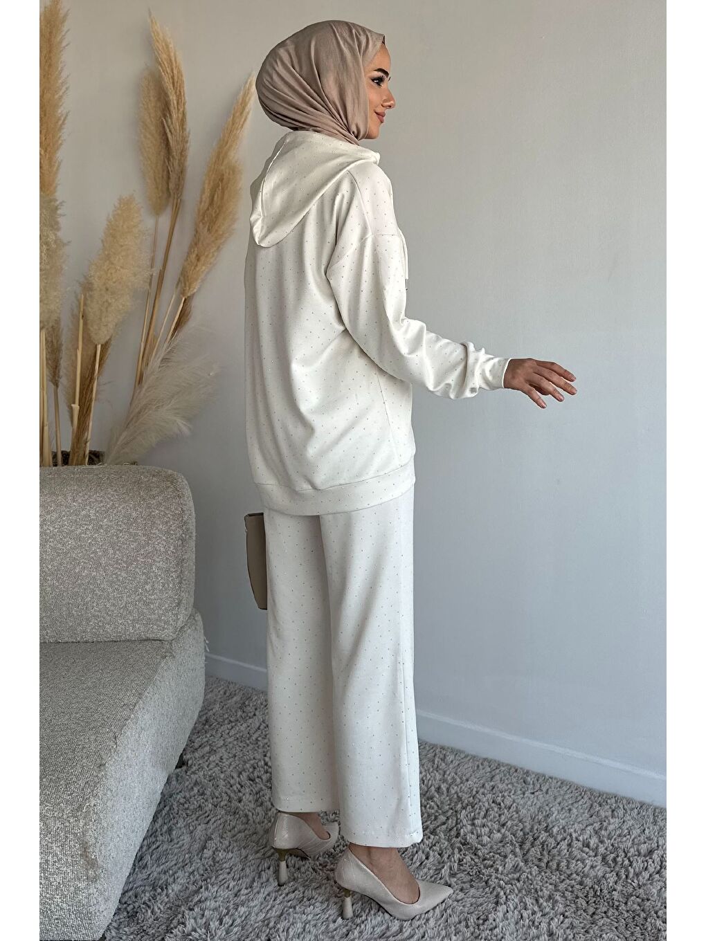 Ekru Kapüşonlu Taşlı Hırka Pantolon Tesettür İkili Takım-6