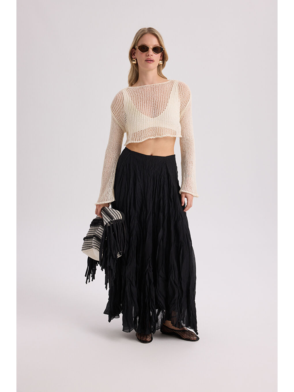 Freesia Kırışık Siyah Uzun Etek-2