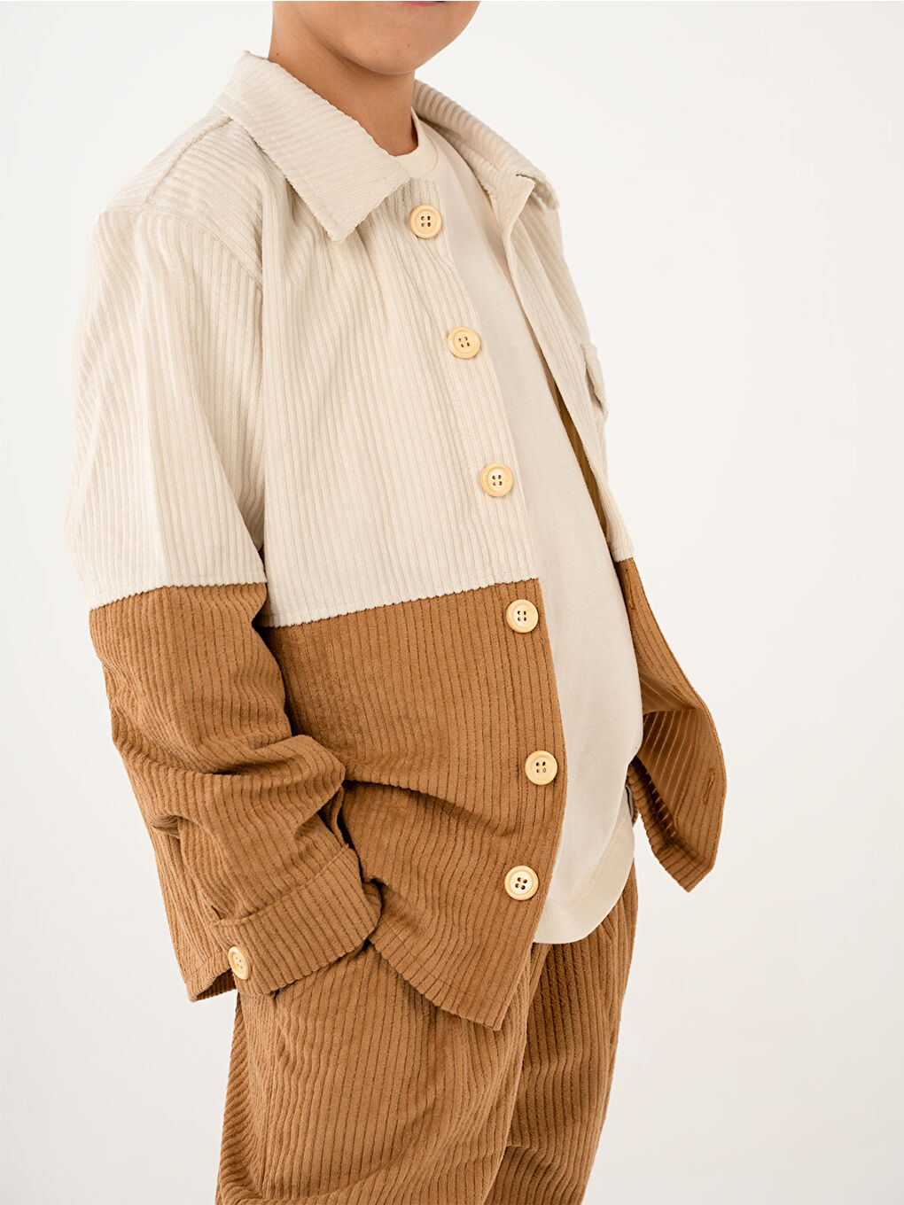 Sarı Erkek Çocuk Krem Camel Kadife Retro Pantolon Gömlek Takım-4