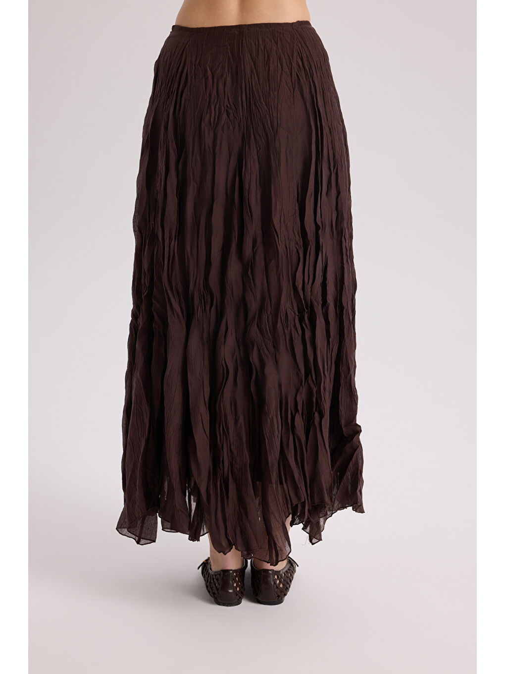 Kahverengi Freesia Kırışık Kahve Uzun Etek-4